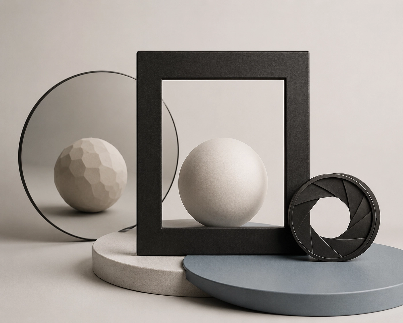 Abstrakte Balance aus geometrischen Körpern auf einer gebogenen schwarzen Linie